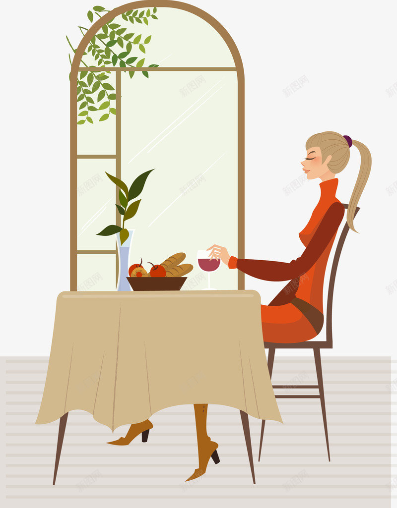 卡通美女喝酒场景png免抠素材_新图网 https://ixintu.com 卡通 喝红酒的人 女人 红酒 美女 酒杯 食物 餐厅