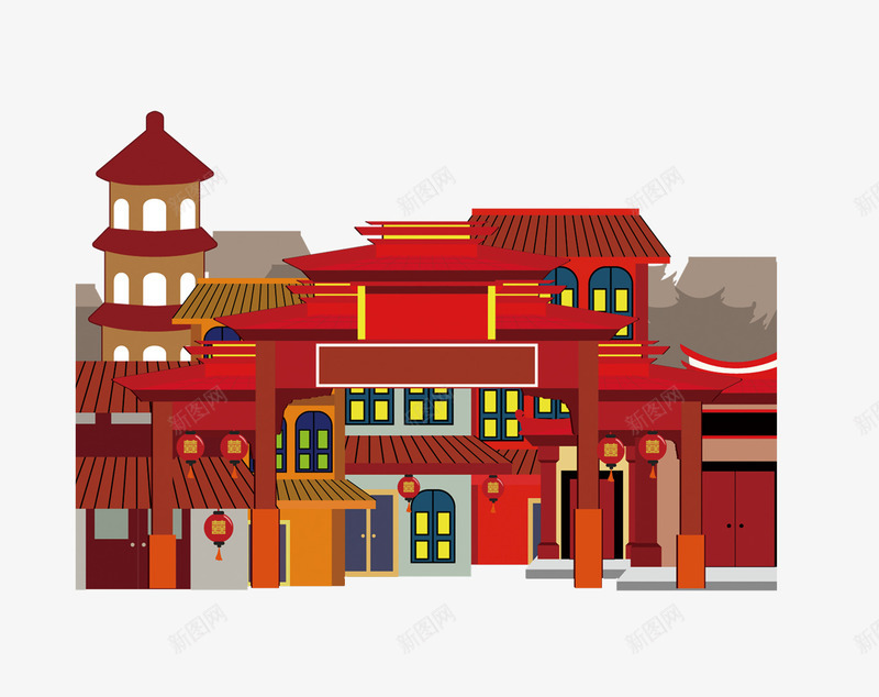 红色喜庆手绘街景psd免抠素材_新图网 https://ixintu.com 喜庆 喜庆街景 手绘 景色 红色 街景 过年街景