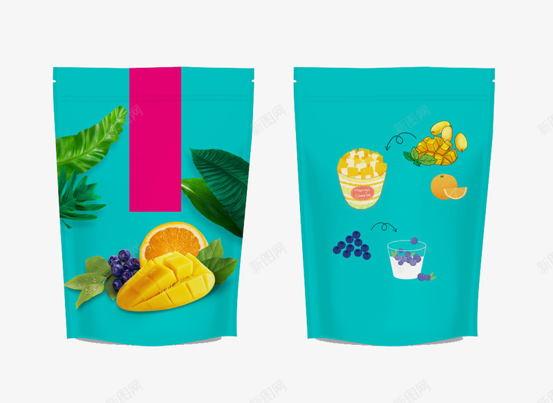 蓝色简易包装的水果零食png免抠素材_新图网 https://ixintu.com 包装 卡通 橘子 橙子 水果 芒果 蓝色 零食