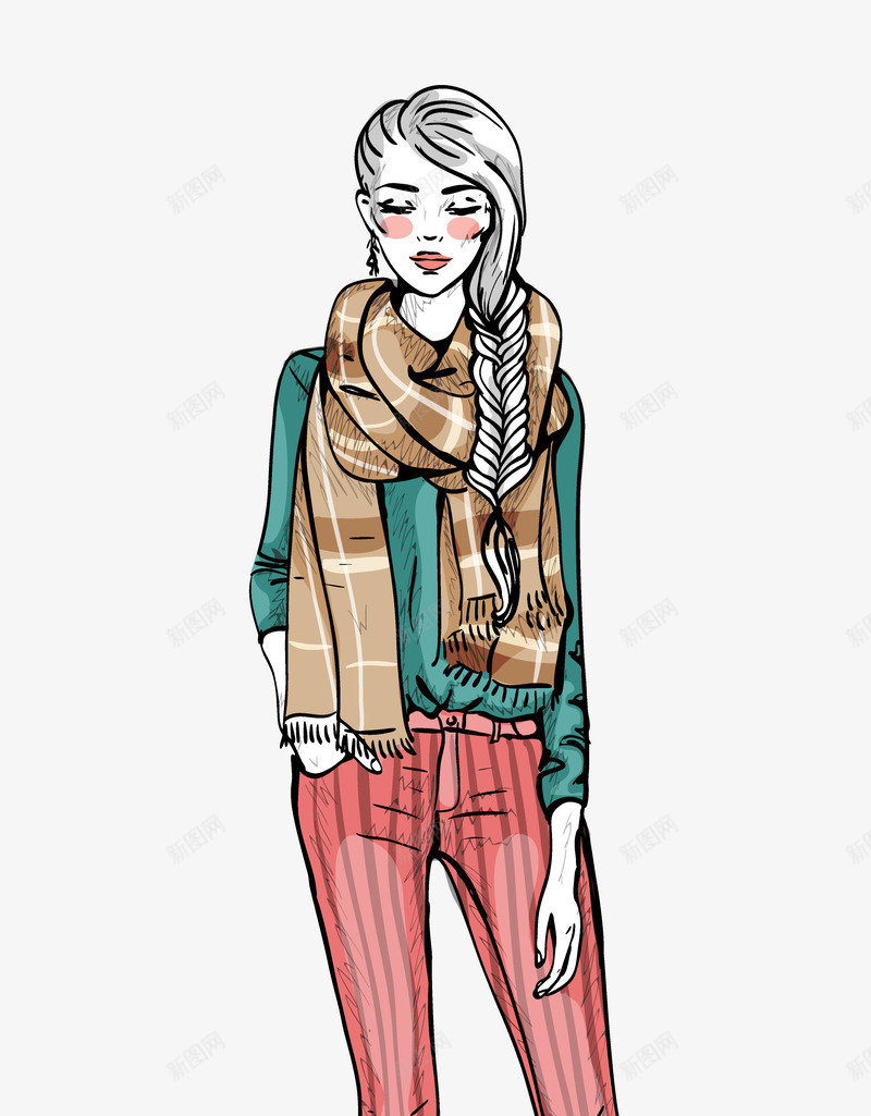 手绘韩式时尚潮流女性插画png免抠素材_新图网 https://ixintu.com 休闲装美女 女性插画 戴围巾美女 手绘 时尚潮流 模特 韩式