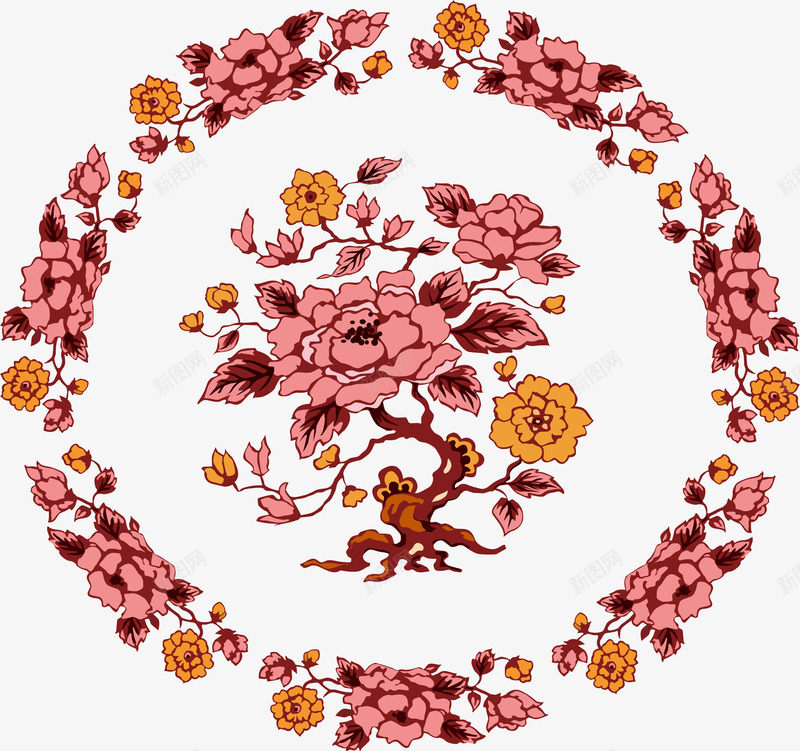 复古红色花朵矢量图ai免抠素材_新图网 https://ixintu.com 中式风格 免费素材 宫廷花纹 花朵 花环 矢量图