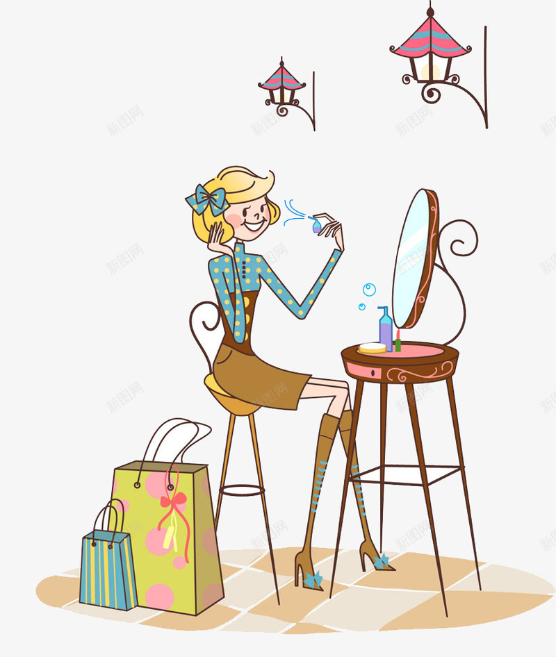 手绘化妆女孩png免抠素材_新图网 https://ixintu.com 化妆镜 卡通 彩妆护肤茶壶 美女 购物袋