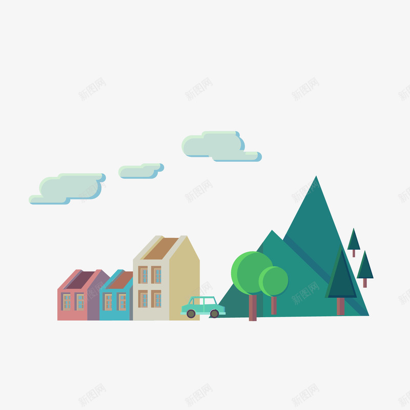 卡通手绘城市简笔画png免抠素材_新图网 https://ixintu.com 卡通 城市 城市简笔画 建筑 手绘 树木 汽车 白云 简笔画