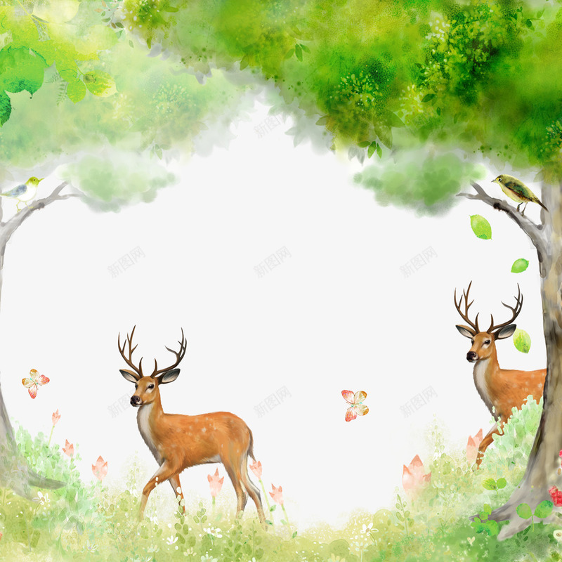动物png免抠素材_新图网 https://ixintu.com 动物 手绘树 景墙 绿色树 花朵 草地 蝴蝶 鸟 鹿