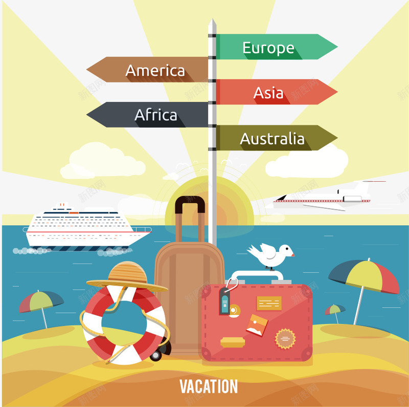 扁平化旅游png免抠素材_新图网 https://ixintu.com 全球 扁平化 效果图 旅游 旅行箱 矢量素材 艺术 设计 轮船