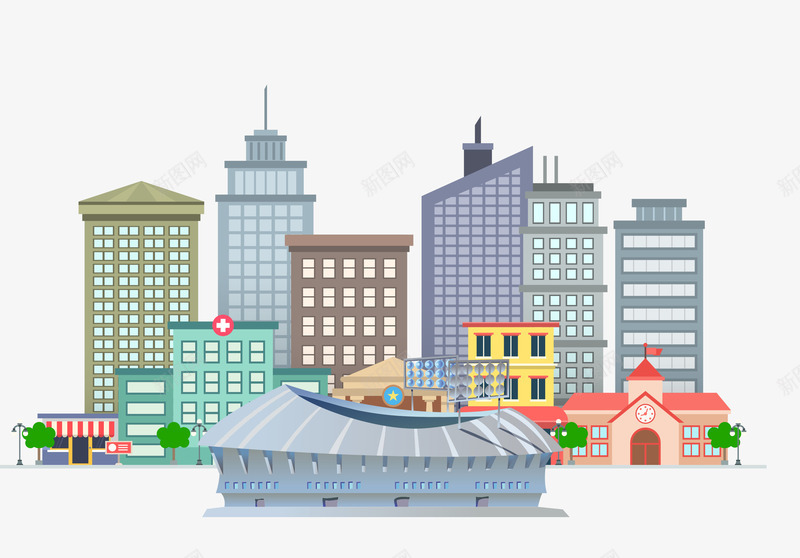 城市建筑png免抠素材_新图网 https://ixintu.com 卡通 商圈 城市 建筑 运动馆 高楼