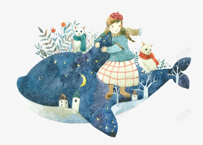 蓝鲸png免抠素材_新图网 https://ixintu.com 小女孩 手绘 星星 月亮 花卉