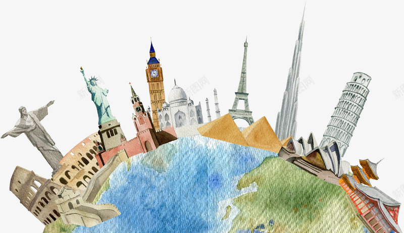 地球上的建筑png免抠素材_新图网 https://ixintu.com 创意 地球 城市 手绘 标志性建筑 简图 自由女神