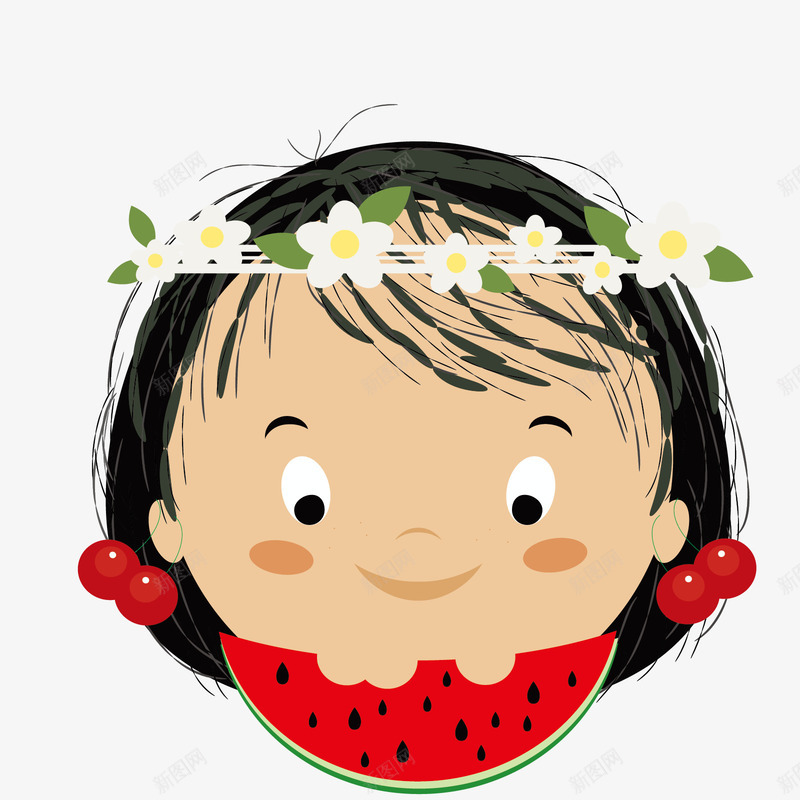 美丽的西瓜宝宝矢量图eps免抠素材_新图网 https://ixintu.com 乌黑的头发 可爱的脸蛋 妈妈和小孩 开心快乐 樱桃 美丽的小女孩 花环 西瓜 矢量图