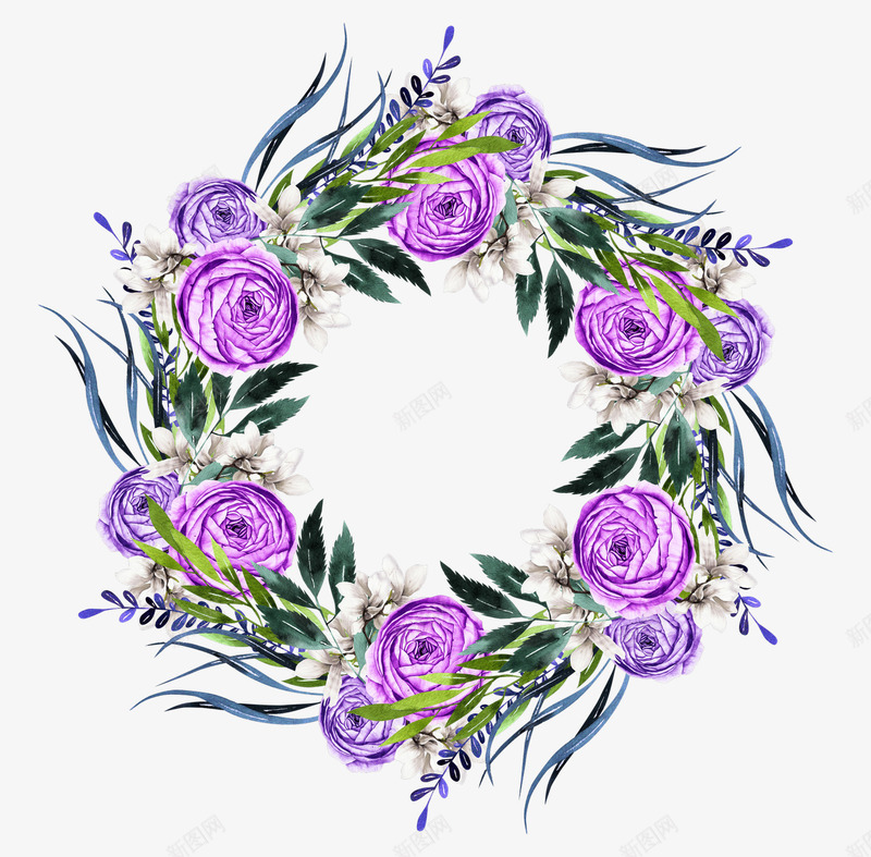 紫色手绘水彩鲜花花环png免抠素材_新图网 https://ixintu.com 手绘 水彩 紫色 紫色手绘水彩鲜花花环 绿叶叶子 花卉 花环 花瓣 鲜花