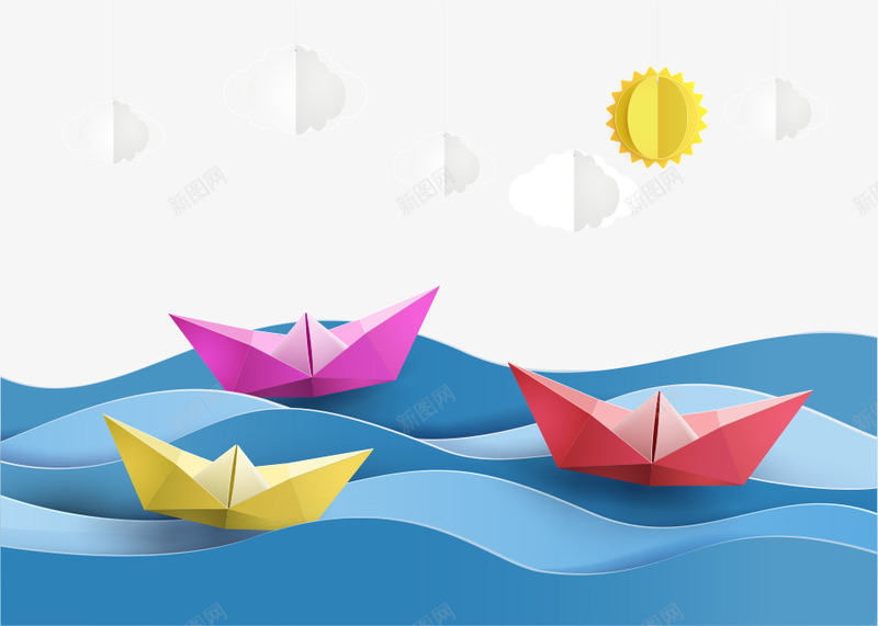 纸船和白云png免抠素材_新图网 https://ixintu.com 卡通纸船 太阳 海浪 白云 纸船