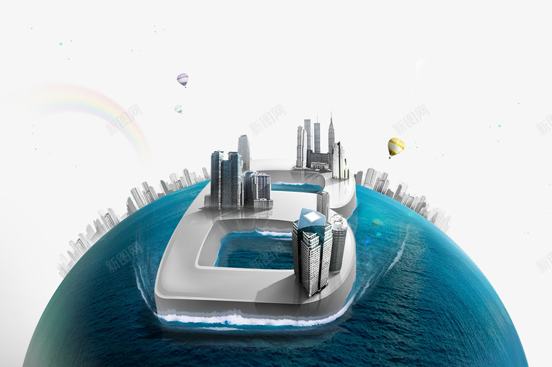 创意水上建筑png免抠素材_新图网 https://ixintu.com 国际大都市 城市风光 摩天大楼 环保城市 蓝天白云 高楼大厦