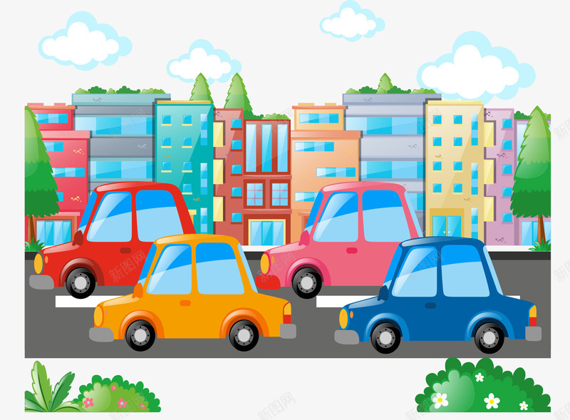 城市公路上的小汽车png免抠素材_新图网 https://ixintu.com 回家 城市 小汽车 扁平化 矢量素材 自驾 街景