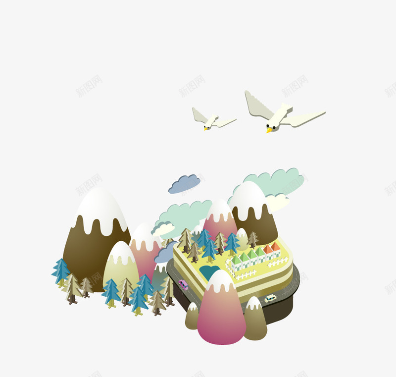 扁平化景观png免抠素材_新图网 https://ixintu.com 山 扁平化景观 白云 矢量山 鸟