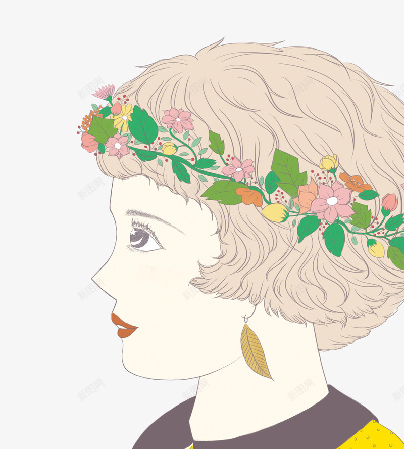 带花环的小女孩png免抠素材_新图网 https://ixintu.com 侧面 女孩头像 手绘人物 花卉