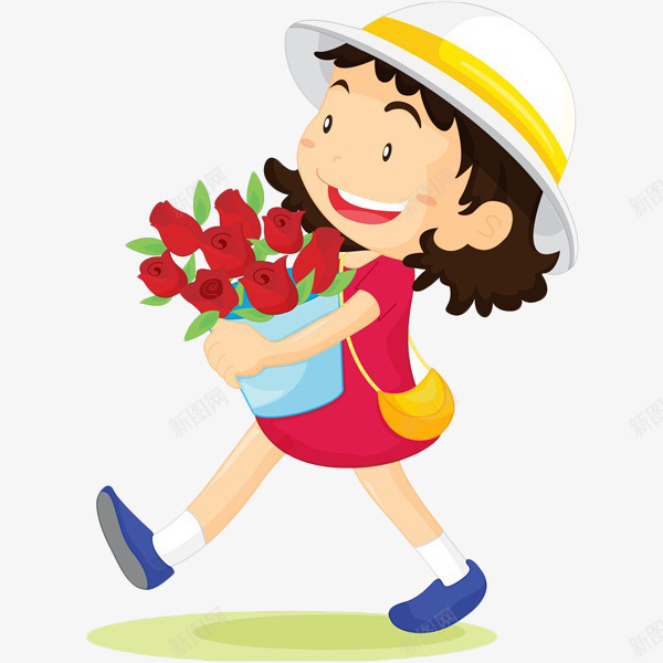 卡通插画拿花的小美女png免抠素材_新图网 https://ixintu.com 卡通 可爱 小美女 拿花的美女 捧花 插画 背包 花盆