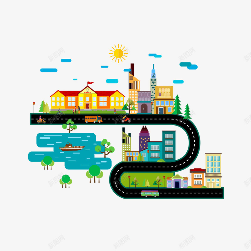 绿色城市矢量图ai免抠素材_新图网 https://ixintu.com 免费png素材 公路 城市 建筑 矢量素材 矢量图