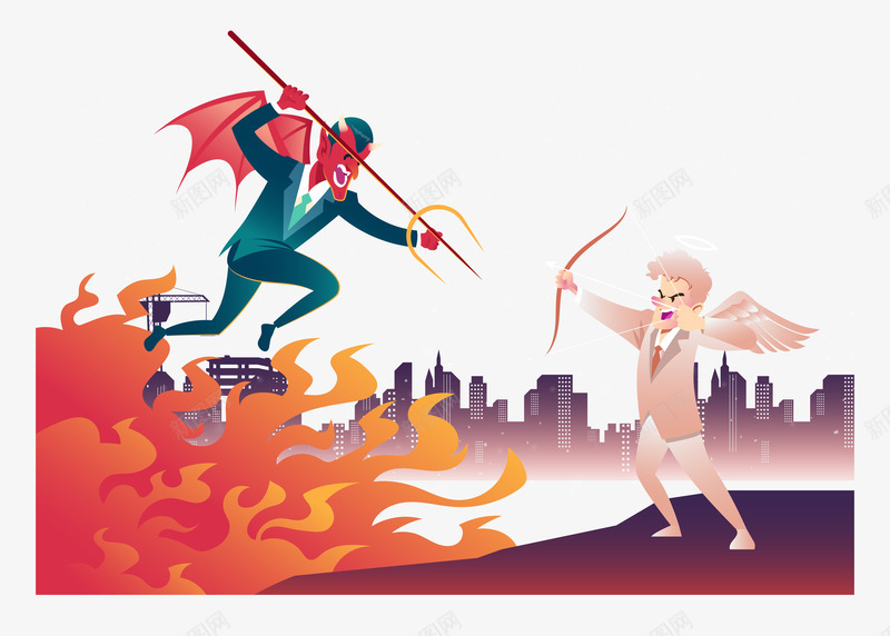 恶魔与天使对决矢量图eps免抠素材_新图网 https://ixintu.com 兵器 叉子 地狱恶魔 城市 天使 对决 恶魔 火花 矢量图 颜色