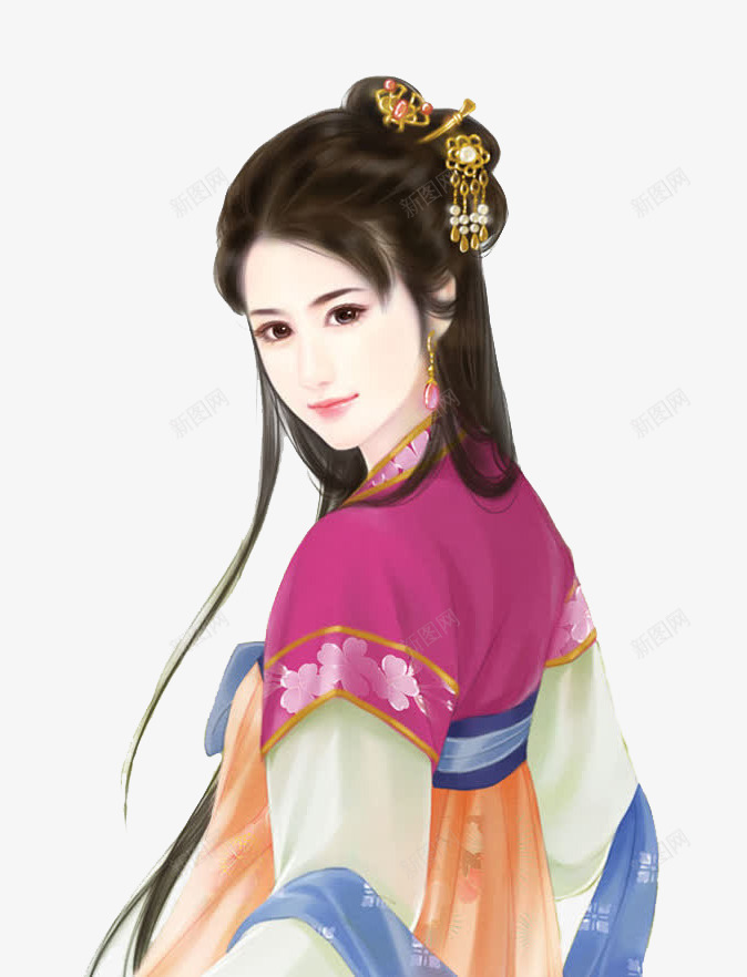 回眸png免抠素材_新图网 https://ixintu.com 中国风 古代 古典 古装 回眸一笑 女 手绘 插画 美女