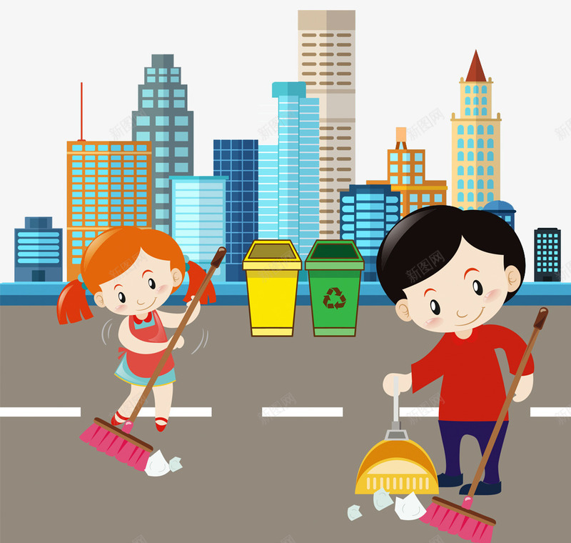 打扫垃圾png免抠素材_新图网 https://ixintu.com 卡通 城市 建筑 手绘 打扫垃圾