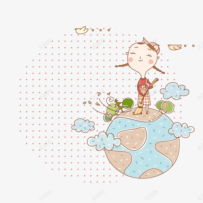 扫地的小女孩png免抠素材_新图网 https://ixintu.com 圆形背景 地球 小鸟 白云