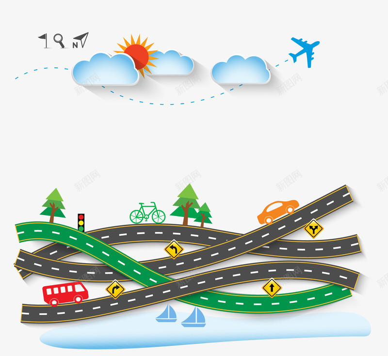 道路矢量图eps免抠素材_新图网 https://ixintu.com 卡通海报 树 汽车 白云 道路 矢量图