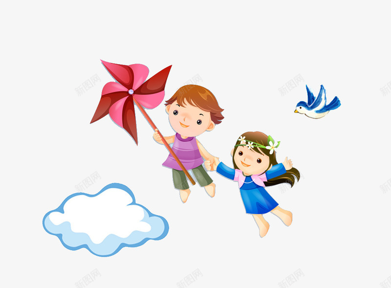 飞向天空png免抠素材_新图网 https://ixintu.com 卡通情侣 燕子 白云 风车 黑色燕子