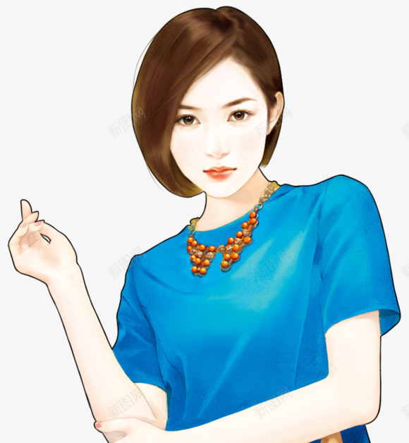蓝衣短发成熟美女手绘png免抠素材_新图网 https://ixintu.com 成熟 短发 美女