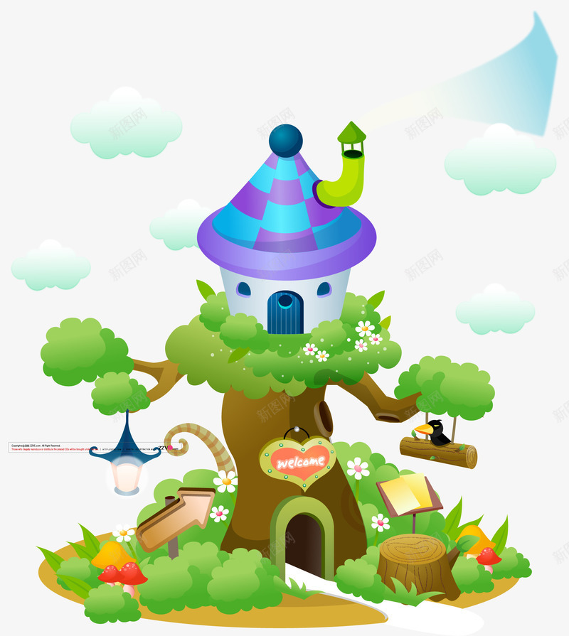 卡通插画png免抠素材_新图网 https://ixintu.com 卡通 卡通插画 房子 电视 电话 电话亭 白云 花洒 草地 韩国