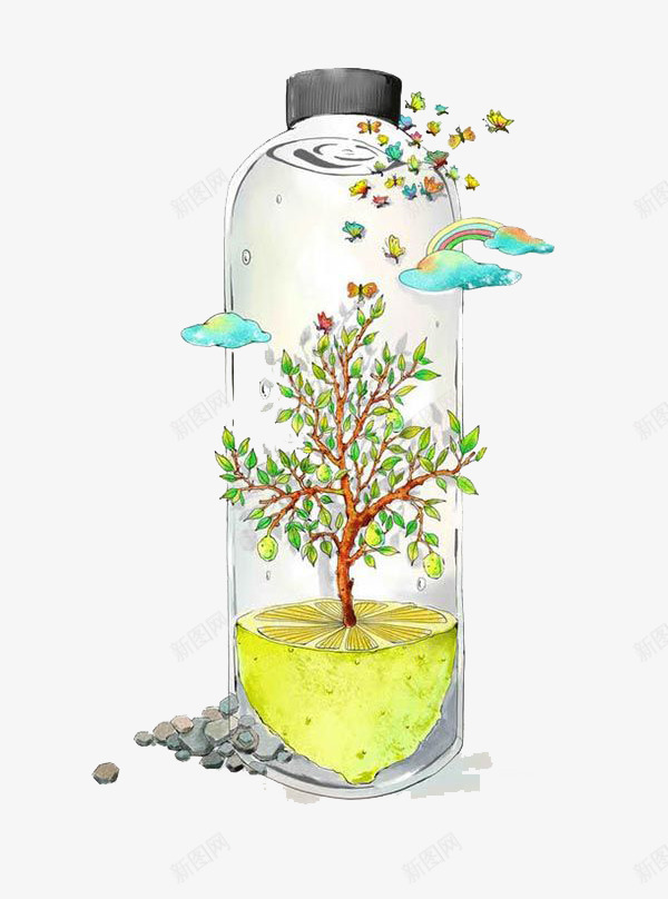水彩玻璃杯png免抠素材_新图网 https://ixintu.com 云朵 卡通 大树 彩色 手绘 水彩 玻璃杯 装饰