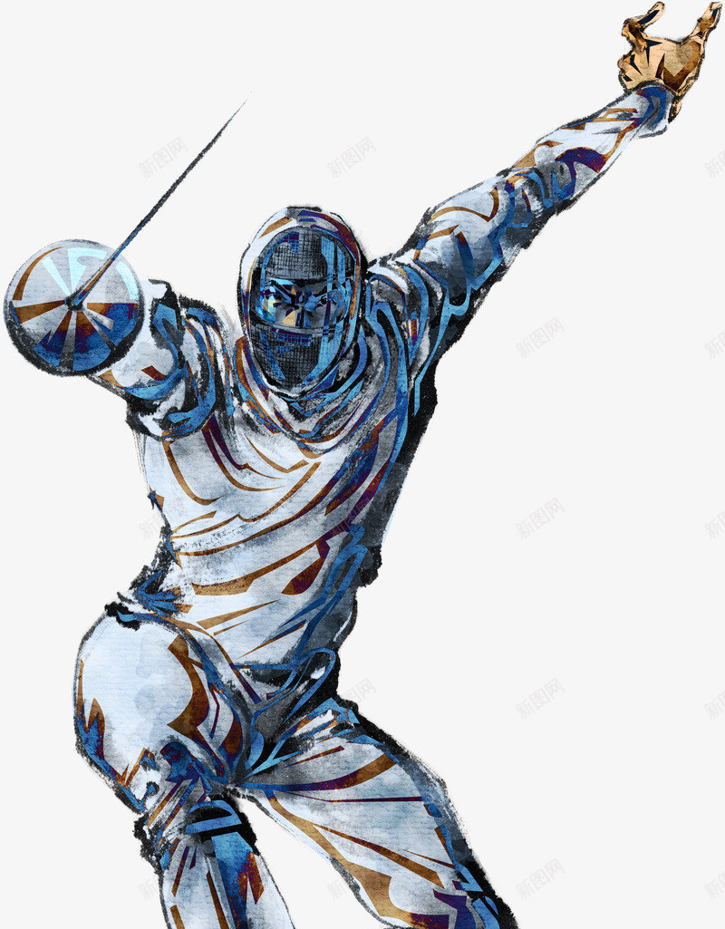 水墨蓝色击剑运动人物png免抠素材_新图网 https://ixintu.com 人物 击剑 水墨 蓝色 运动