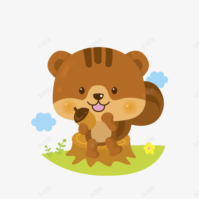 可爱的松鼠png免抠素材_新图网 https://ixintu.com 云朵 动物 可爱 微笑 松果 松鼠 树墩 绿色 草地