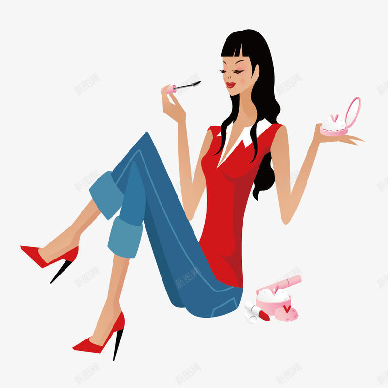 坐姿化妆的女人png免抠素材_新图网 https://ixintu.com 发式 服装 美容