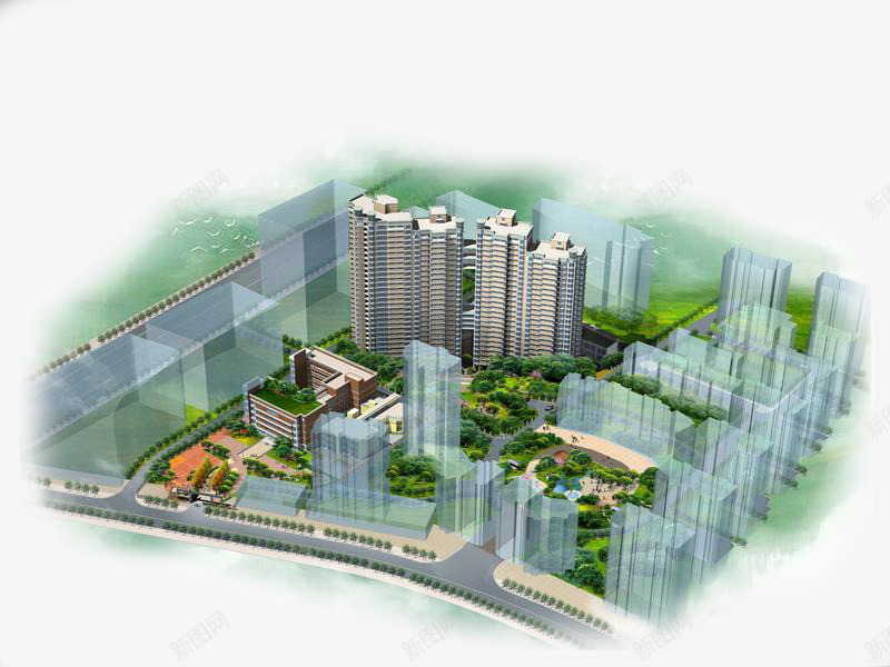 鸟瞰透明高楼模型png免抠素材_新图网 https://ixintu.com 公路 城市 小区 小区鸟瞰图 建筑 树木 楼房 模型 高楼 鸟瞰图