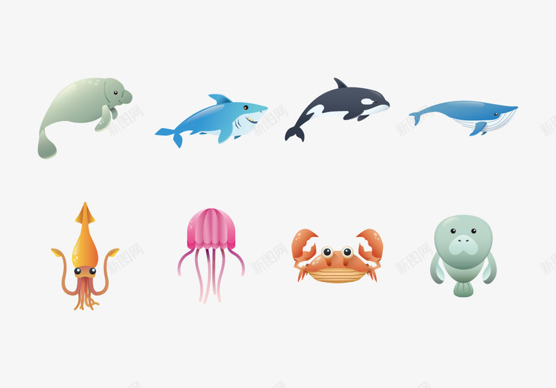 海洋生物矢量图eps免抠素材_新图网 https://ixintu.com 乌贼 海底动物 海洋生物 海豚 螃蟹 矢量图