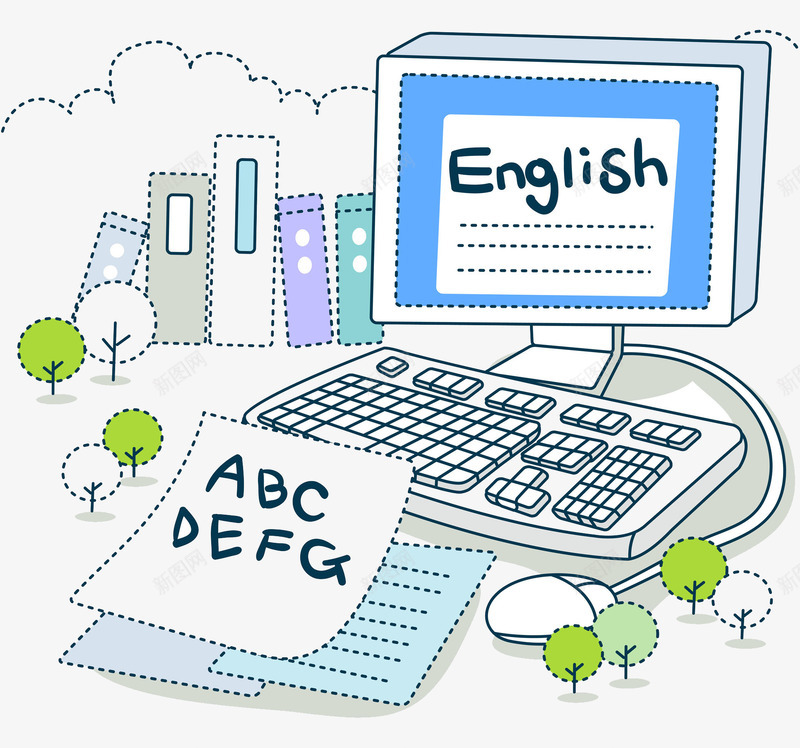 英语学习时代png免抠素材_新图网 https://ixintu.com 图书 工具 时代 树木 电脑 白云 白纸 英语 鼠标