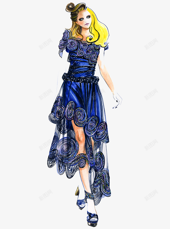 手绘花裙女png免抠素材_新图网 https://ixintu.com 人物 性感 模特 欧美风 美女 蓝裙 金发