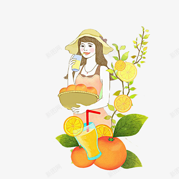 手绘插画美女喝果汁png免抠素材_新图网 https://ixintu.com 丰收 卡通 唯美 喝果汁 手绘 插画 橙子 橙汁 美女 美女喝果汁