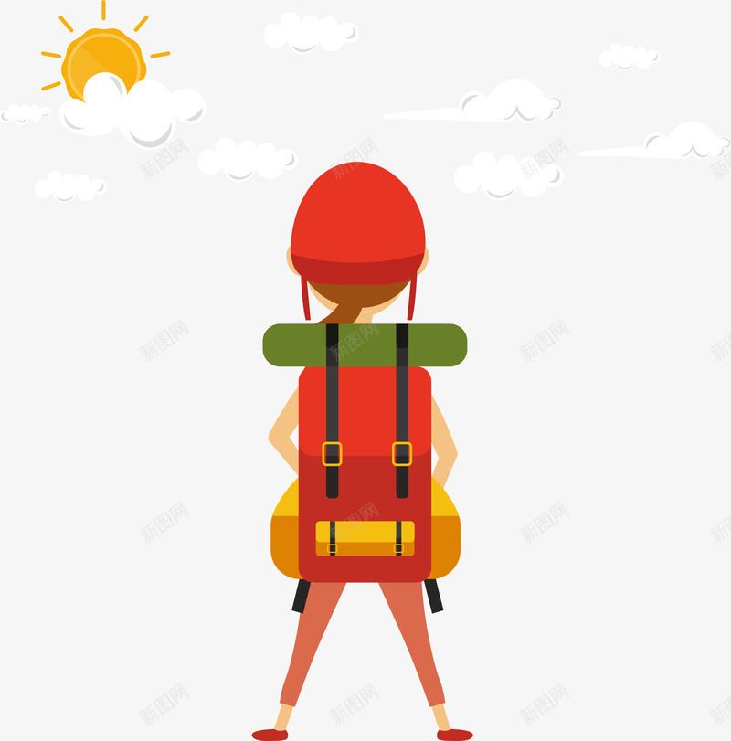 背红色包的女孩png免抠素材_新图网 https://ixintu.com 人物插画 太阳 女孩 旅游 白云 矢量女孩 背包