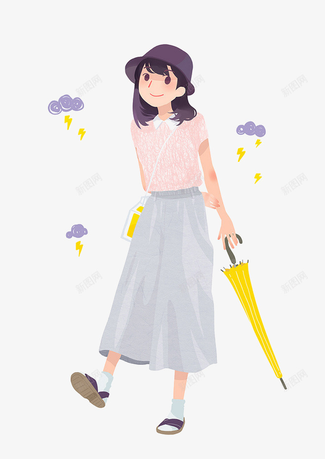 雨伞女孩png免抠素材_新图网 https://ixintu.com 云朵 女孩 手绘 插画 黄色雨伞