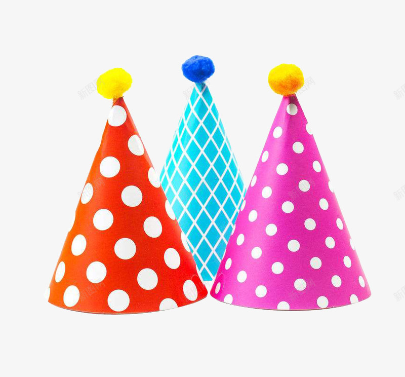 彩色生日帽子png免抠素材_新图网 https://ixintu.com 圆形 圆点 尖顶 橙色 毛球装饰 玫红色 生日快乐帽 蓝色条纹帽子