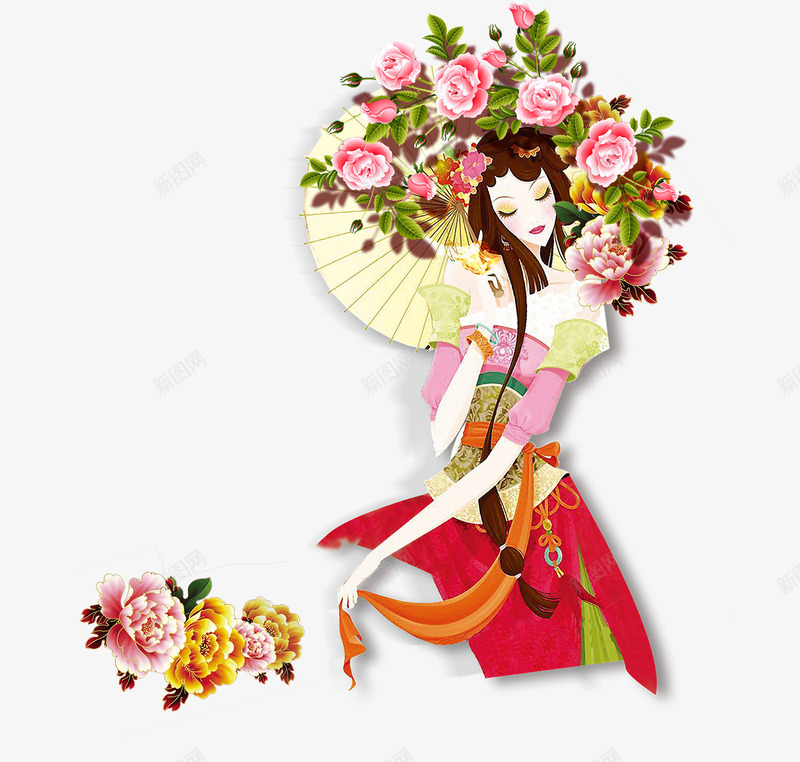 绘画鲜花美女psd免抠素材_新图网 https://ixintu.com 伞 古风 手绘画 牡丹花 绘画 美女