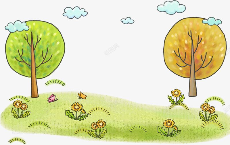 卡通草地上的花卉与小树png免抠素材_新图网 https://ixintu.com 卡通小树 卡通花卉 卡通花朵 小树 白云 花卉 花朵
