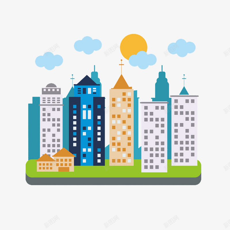 高楼建筑图案png免抠素材_新图网 https://ixintu.com 云朵 太阳 扁平化 插画建筑免费PNG下载 草地 高楼建筑透明PNG