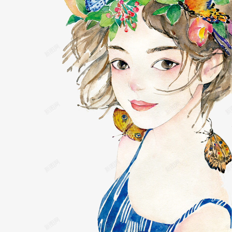 可爱的女孩png免抠素材_新图网 https://ixintu.com 卡通 大大的眼镜 简笔 美丽的花环 蝴蝶 连衣裙
