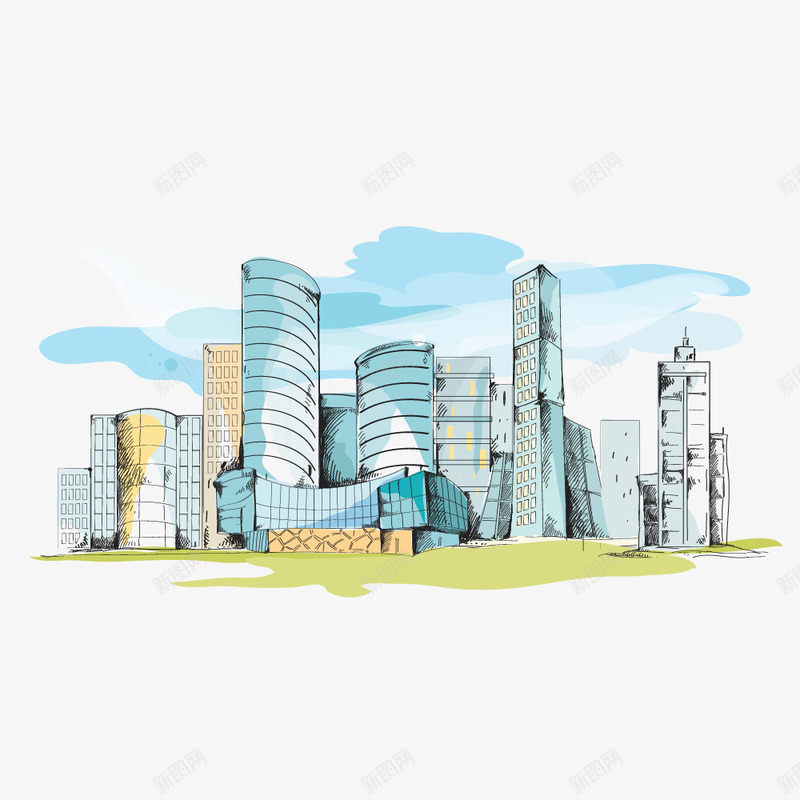 城市简图png免抠素材_新图网 https://ixintu.com 卡通 天空 建筑 手绘 楼房 水彩 简图 蓝色