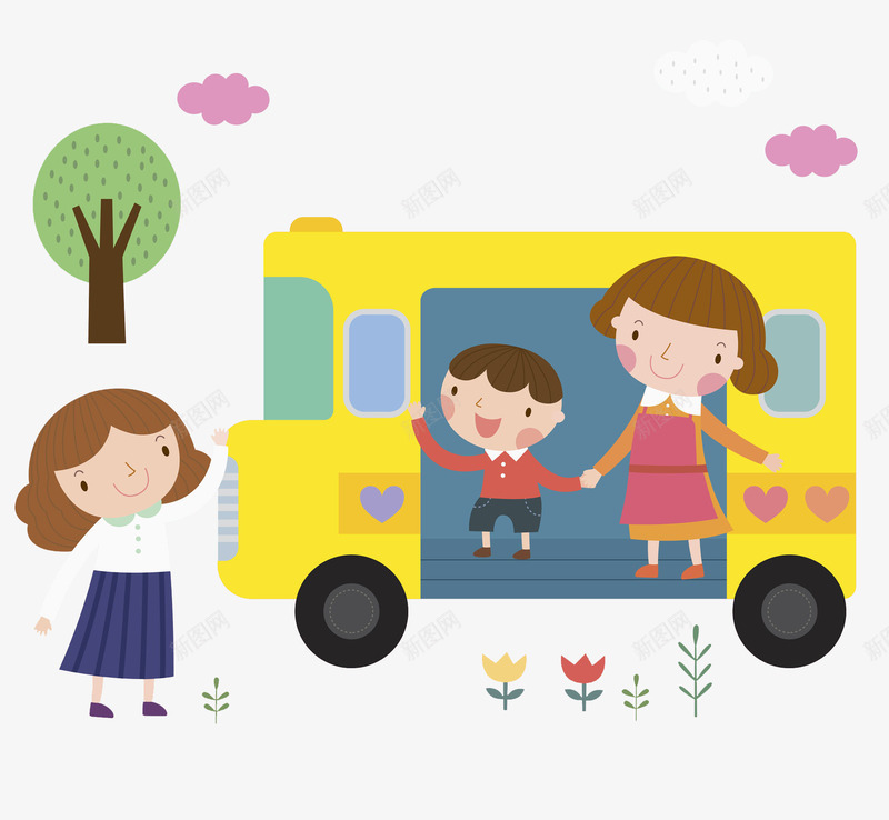 上学的孩子png免抠素材_新图网 https://ixintu.com 上学 云朵 卡通 孩子 开学啦 开学季 手绘 挥手 树木 校车