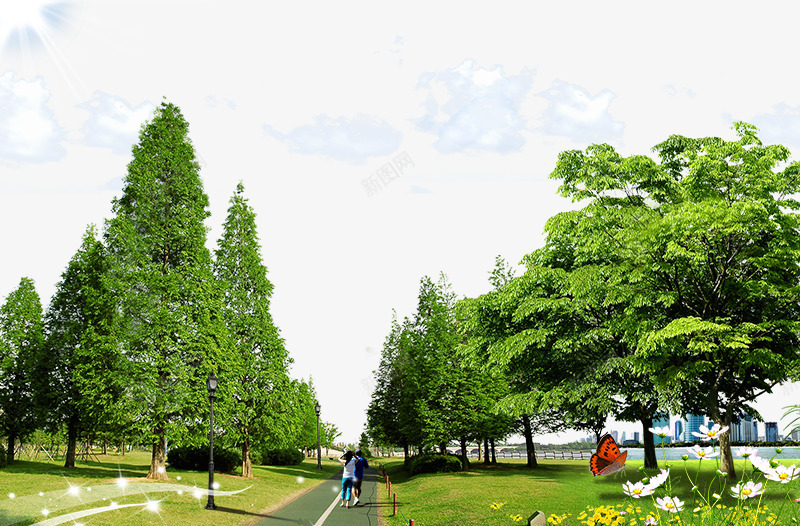 地产郊外风景png免抠素材_新图网 https://ixintu.com 商业元素 地产元素 地产郊外风景 绿色大树 草地 草坪 蓝天白云 行人