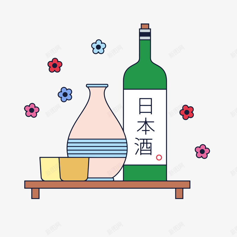 卡通日本酒矢量图ai免抠素材_新图网 https://ixintu.com 日本 日本酒 樱花 矢量图 矢量日本酒杯 矢量酒瓶 花朵 酒杯 酒瓶
