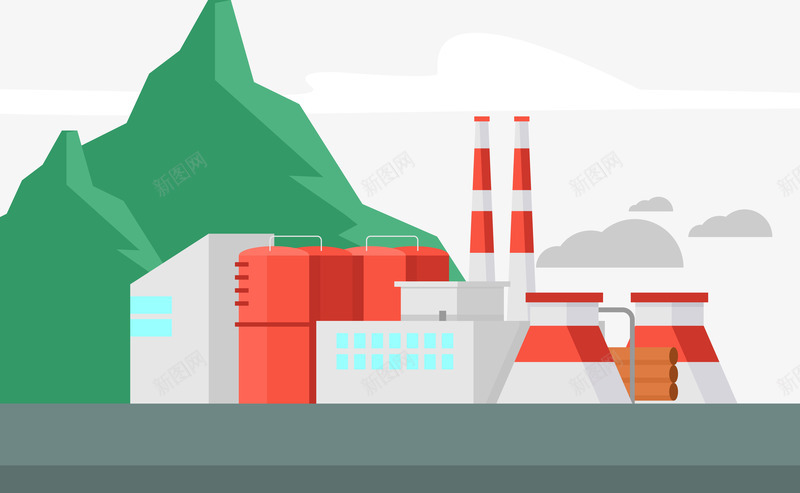 工厂基地png免抠素材_新图网 https://ixintu.com 创意 工厂示意图 烟筒 白云 绿色大山